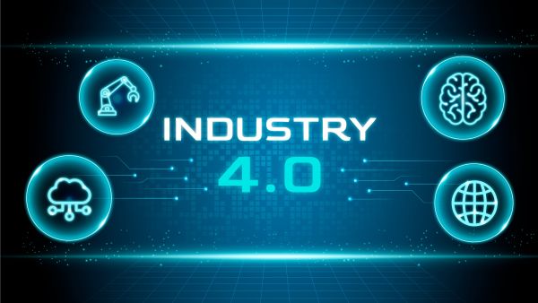 An abstract representation of Industry 4.0 with integrated hardware and software.